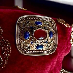 Michal Golan Egyptian Revival Lapis Carnelian brooch pendant, signed 2” inches